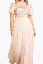 Flowerbed Embroidery Bodice Round Neck Ankle Gown