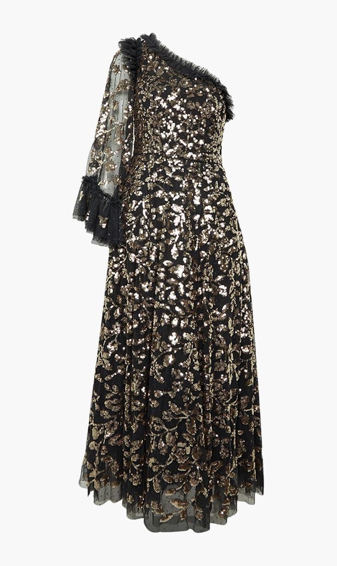 Falling Leaves One Shoulder Ankle Gown