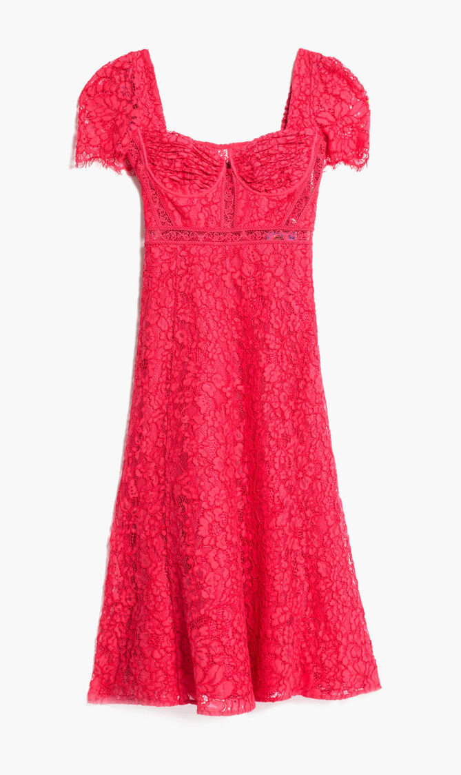 RED CREPE LACE DETAIL MIDI DRESS