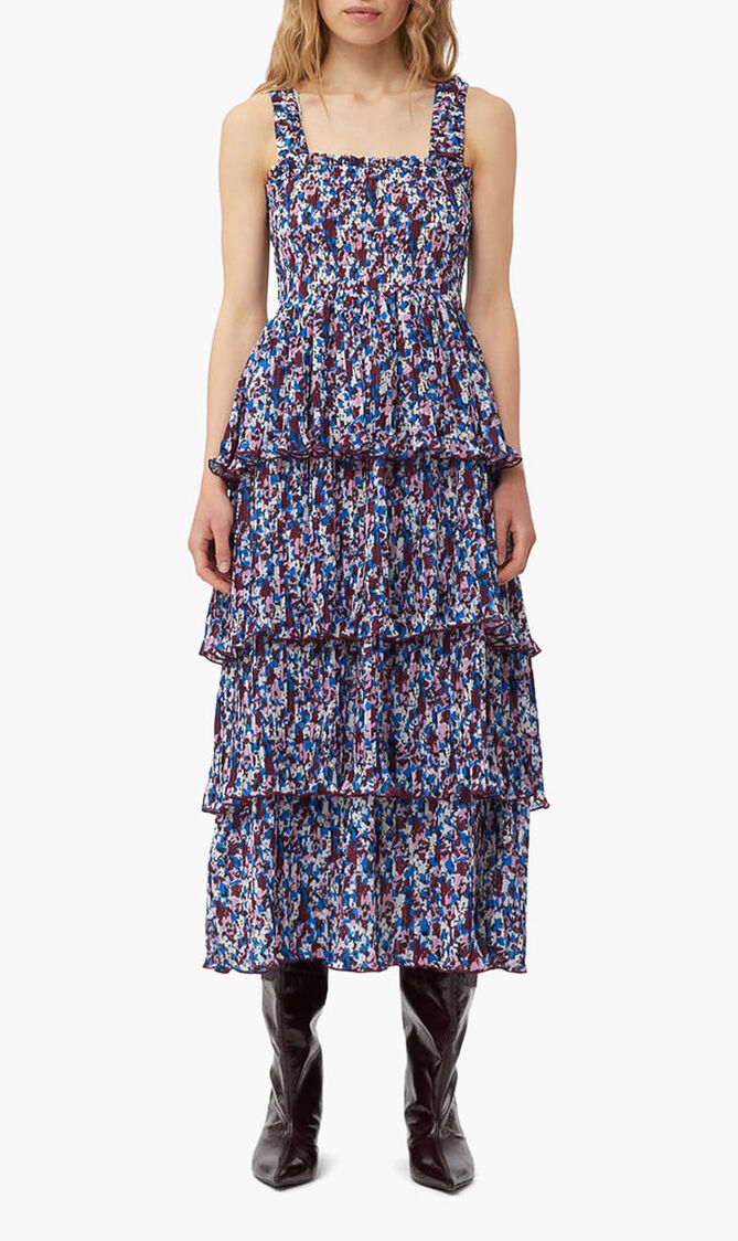 PLEATED GEORGETTE FLOUNCE SMOCK MIDI DRESS