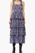 PLEATED GEORGETTE FLOUNCE SMOCK MIDI DRESS