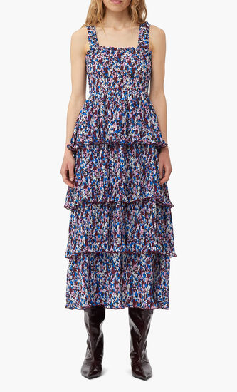 PLEATED GEORGETTE FLOUNCE SMOCK MIDI DRESS