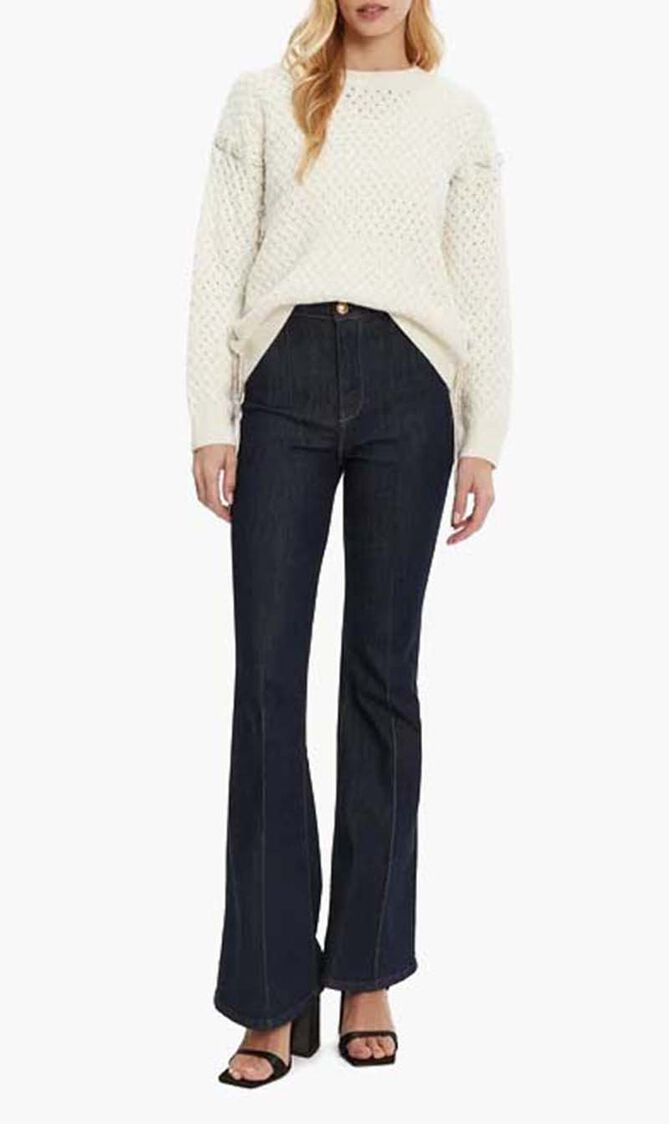 Elliss Rhinestone Chain Open-Stitch Crewneck Sweater