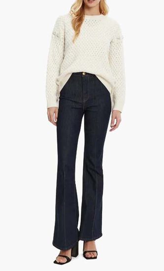 Elliss Rhinestone Chain Open-Stitch Crewneck Sweater