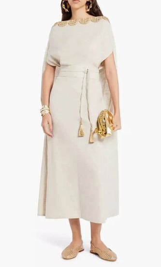 Divine Off Shoulder Dress Linen- Beige