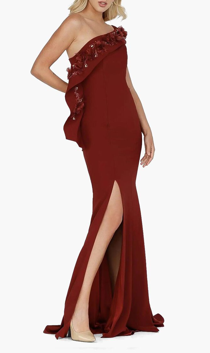 Salmon Long Crepe Back Satin Evening Dress