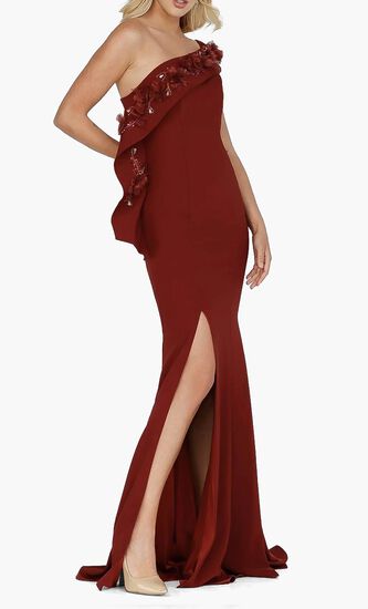 Salmon Long Crepe Back Satin Evening Dress