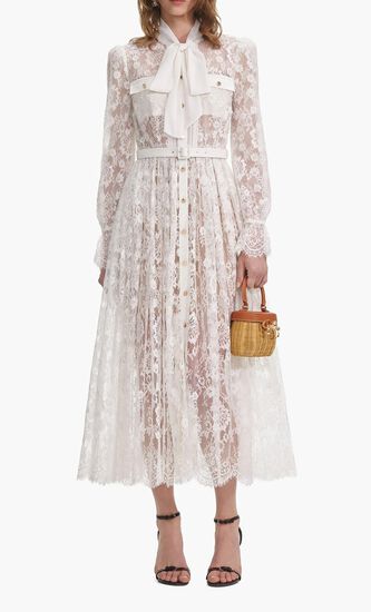 WHITE LACE PUSSY BOW MIDI DRESS