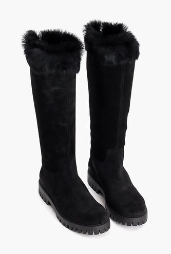 Suede Fur Trim Mid High Boots