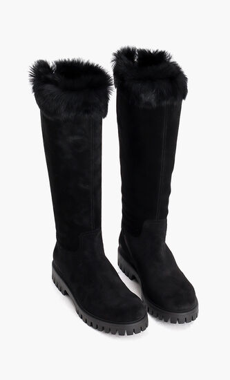 Suede Fur Trim Mid High Boots