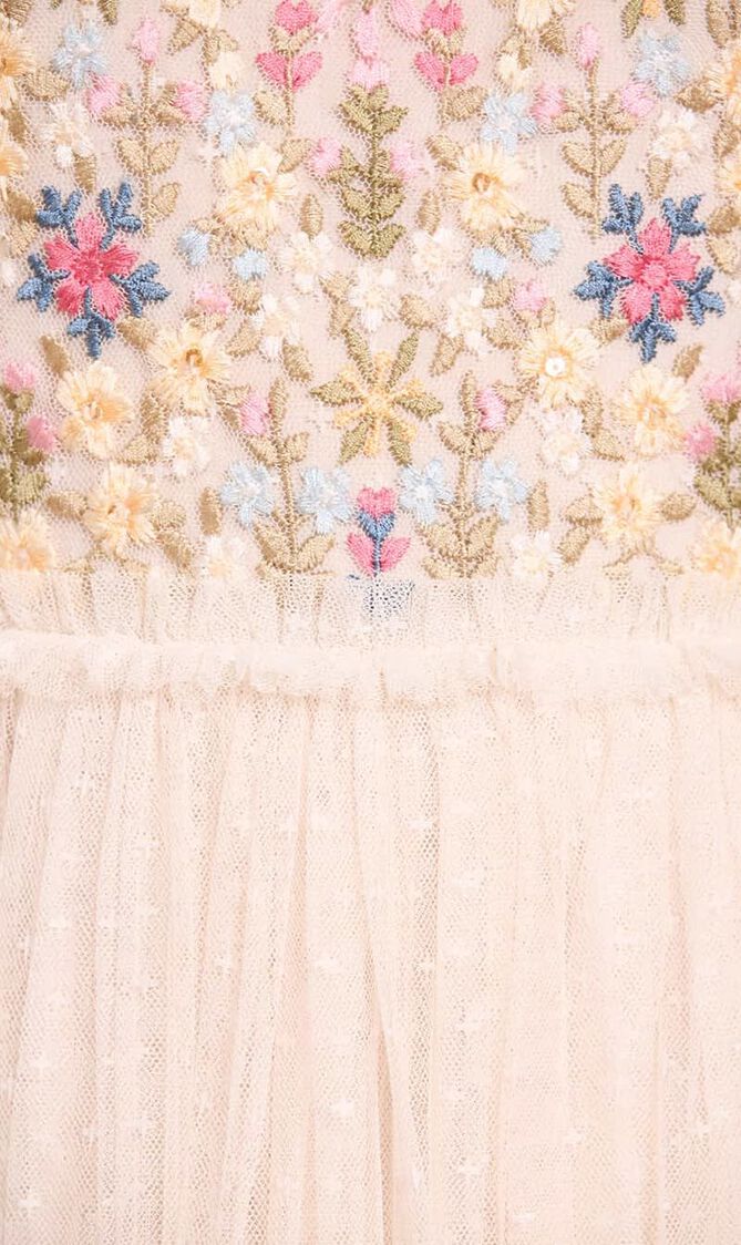 Flowerbed Embroidery Bodice Round Neck Ankle Gown