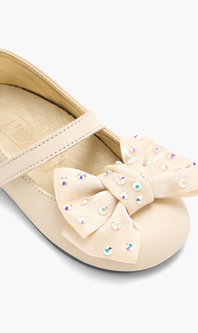 SWAROVSKI CRYSTALS EMBELLISHED BOW SINGLE STRAP LEATHER BALLERINAS