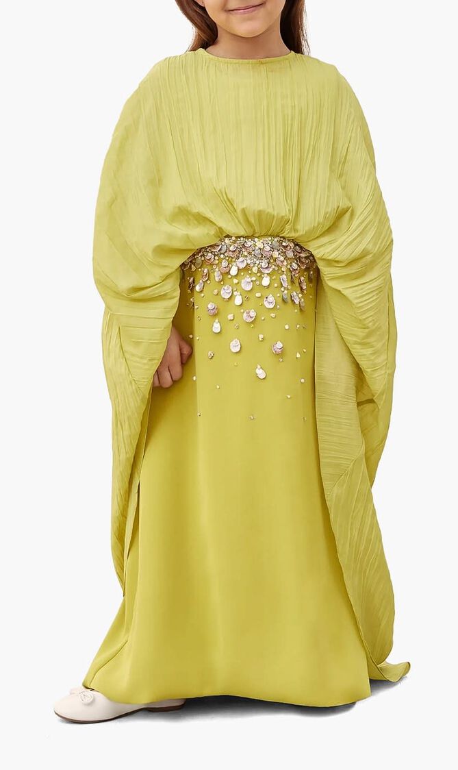 CAPE PLEATED DRESS HIGHLIGHTED WITH EMBELLISHMENT ON THE FRONT
