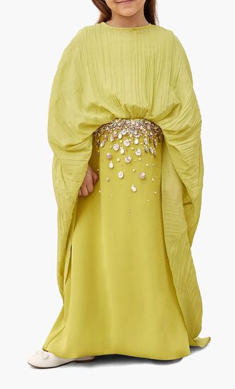 CAPE PLEATED DRESS HIGHLIGHTED WITH EMBELLISHMENT ON THE FRONT