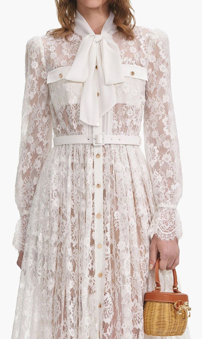 WHITE LACE PUSSY BOW MIDI DRESS