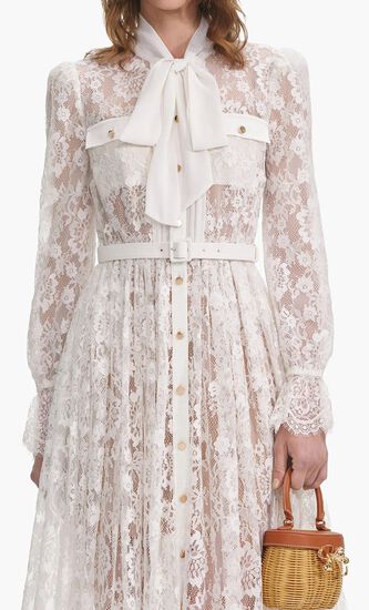 WHITE LACE PUSSY BOW MIDI DRESS