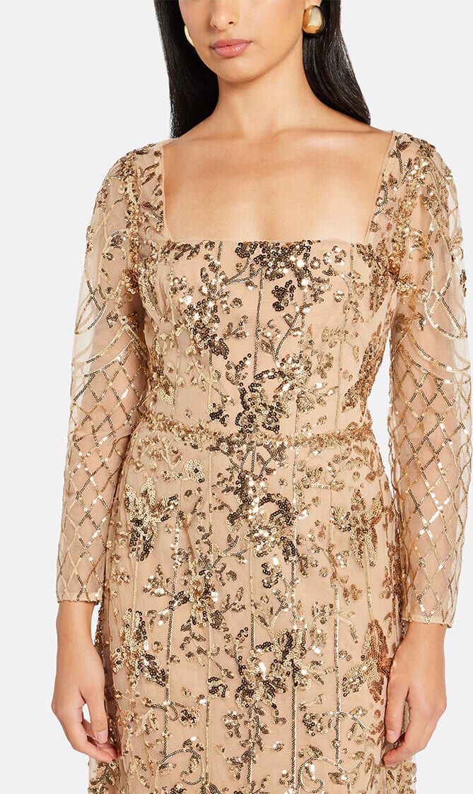 SEQUIN LATTICE LONG SLEEVE COLUMN GOWN