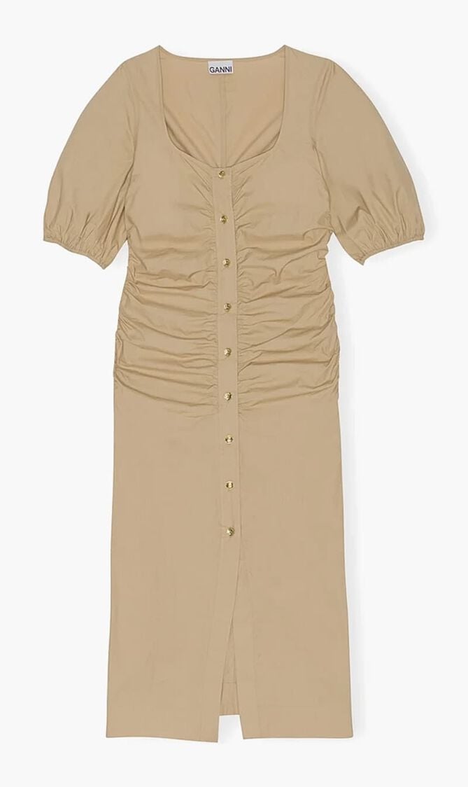 COTTON POPLIN GATHERED OPEN-NECK MAXI DRESS