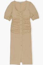 COTTON POPLIN GATHERED OPEN-NECK MAXI DRESS
