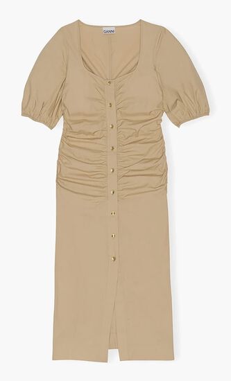 COTTON POPLIN GATHERED OPEN-NECK MAXI DRESS