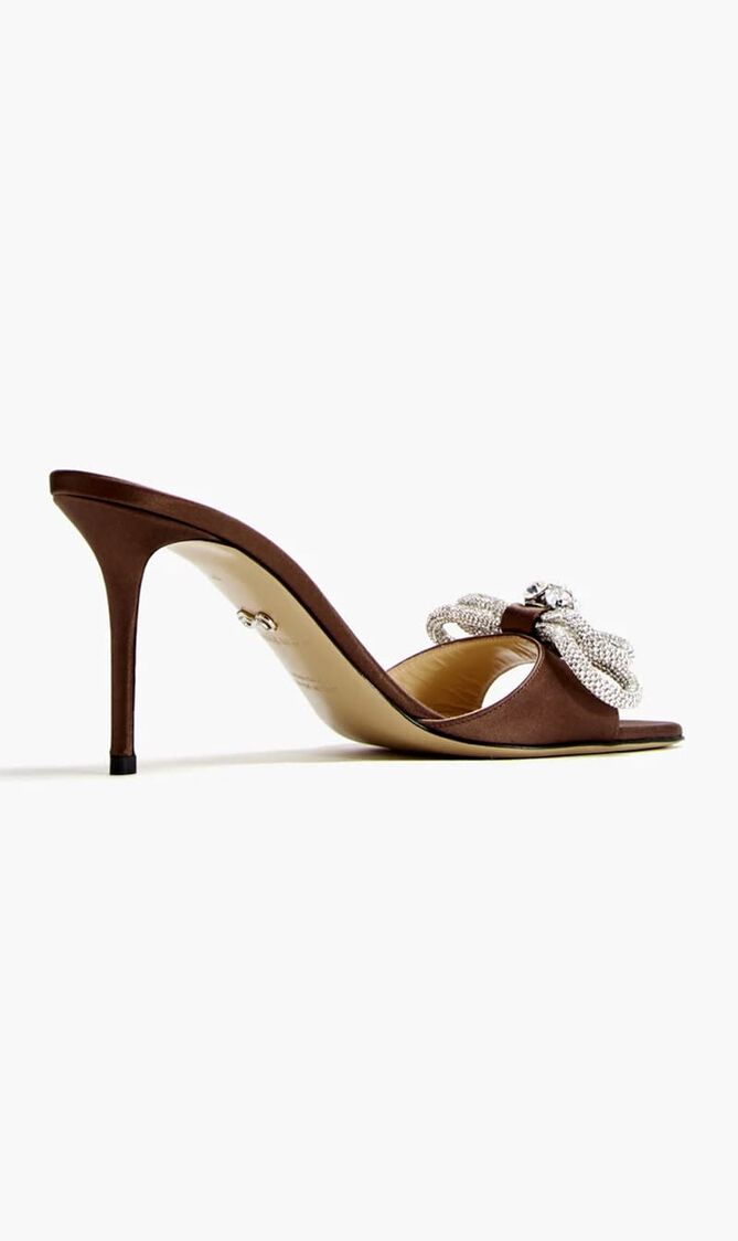DOUBLE BOW BROWN SATIN ROUND TOE MULES(85MM)