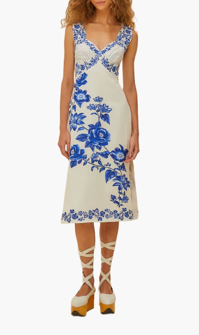 BLUE FLORAL CASCADE OFF WHITE WAVY SLEEVELESS MIDI