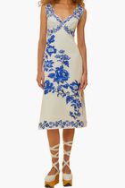 BLUE FLORAL CASCADE OFF WHITE WAVY SLEEVELESS MIDI