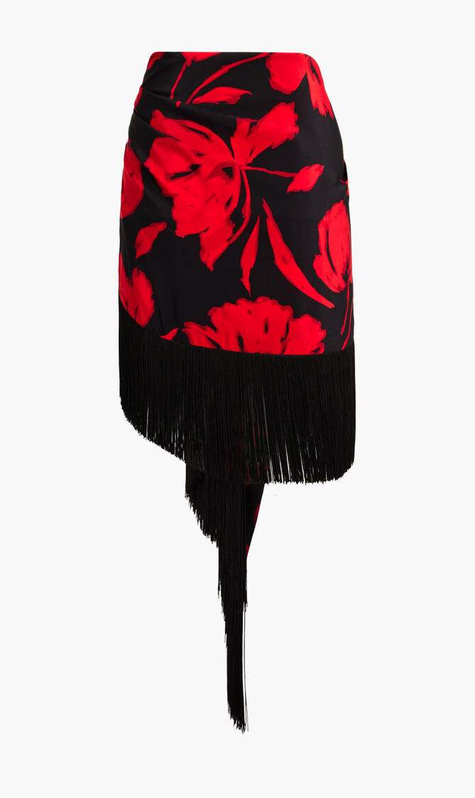 Brushstroke Floral Silk Crepe De Chine Fringed Sarong Skirt