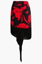 Brushstroke Floral Silk Crepe De Chine Fringed Sarong Skirt
