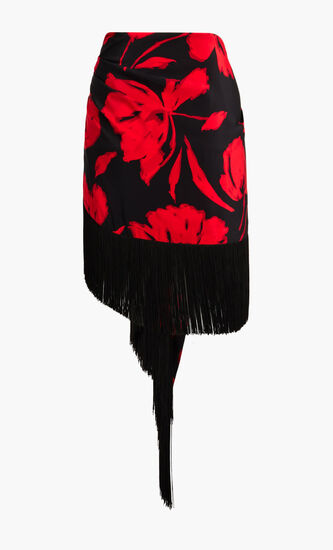Brushstroke Floral Silk Crepe De Chine Fringed Sarong Skirt