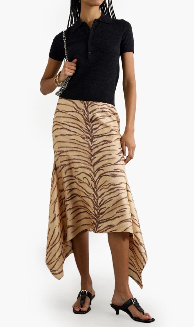 Asymmetric Ruffled Zebra Print Silk Midi Skirt