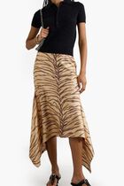 Asymmetric Ruffled Zebra Print Silk Midi Skirt