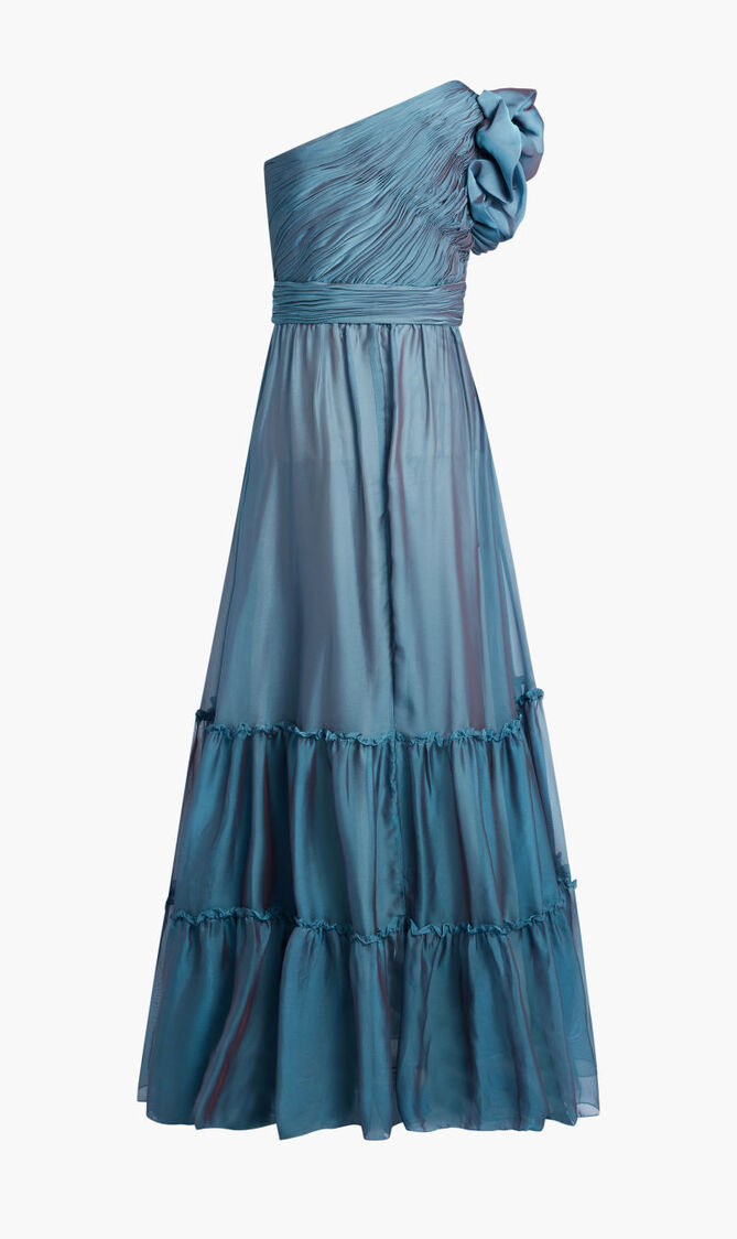 RUFFLED ONE SHOULDER TIERED CHIFFON GOWN
