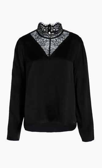 Lace-Paneled Silk Mock-Neck Blouse