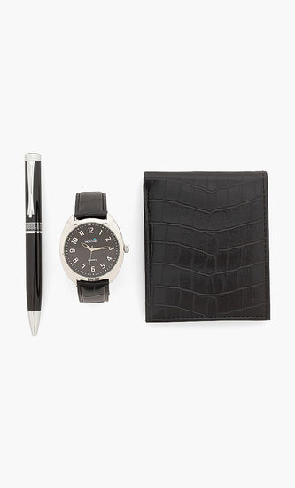 Leather Strap Analog Watch Gift Set