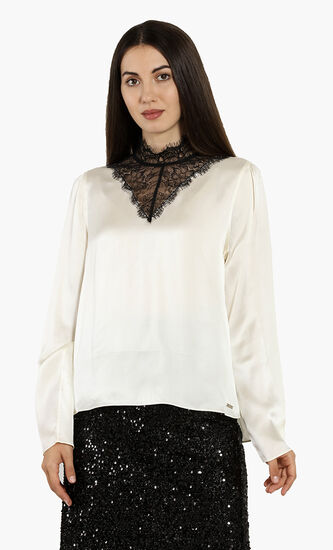 Lace-Paneled Silk Mock-Neck Blouse