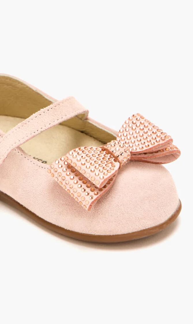 Handmade Velvet Bow With Strassed Buckle Decorated Single Strap Velcro Ballerinas