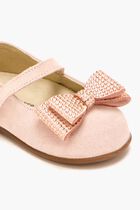 Handmade Velvet Bow With Strassed Buckle Decorated Single Strap Velcro Ballerinas