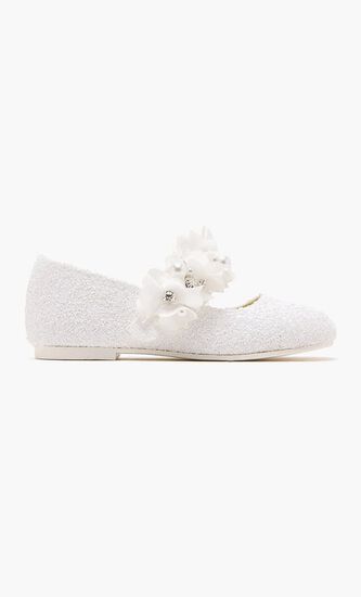 SINGLE STRAP VELCRO FLOWERS PEARLS SWAROVSKI CRYSTALS EMBELLISHED GLITTER FABRIC BALLERINAS