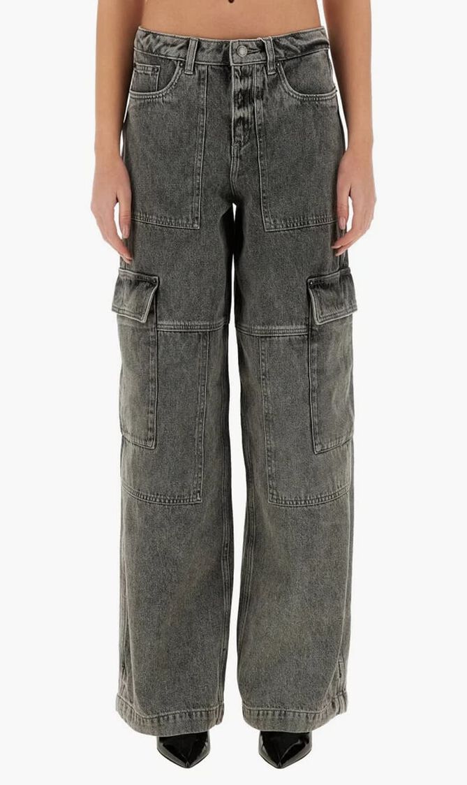 Washed Denim Wide-Leg Cargo Jeans