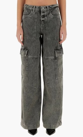 Washed Denim Wide-Leg Cargo Jeans