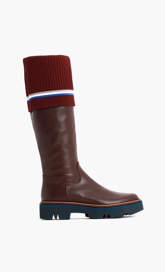 Leather Ribbed Hem Knee Boots
