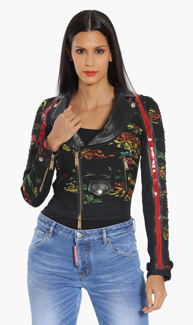 

Ruched Floral Print Jacket, Black