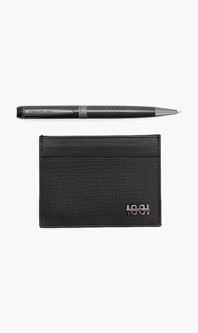 

Textured Leather Card Holder And Ballpoint Pen Set, Black