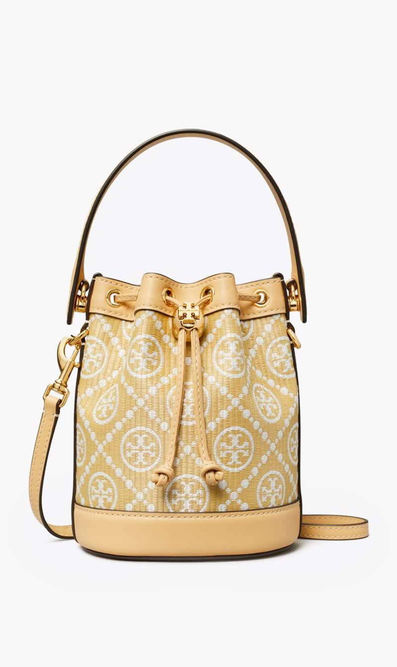 

Tory Burch Beige T Monogram Raffia Mini Bucket Bag for Women | The Deal Outlet