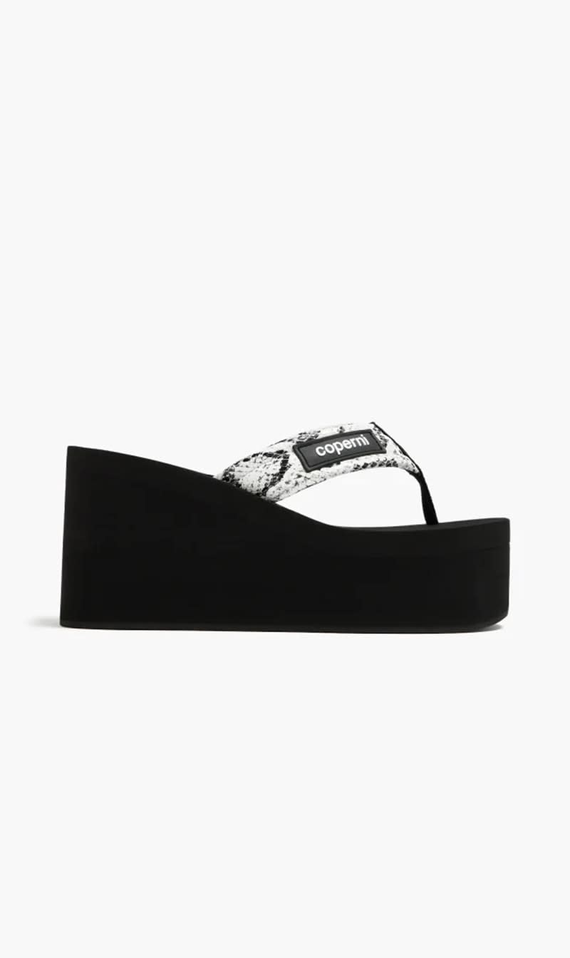 

Coperni Black Snake Print Branded Wedge Sandal for Women | The Deal Outlet