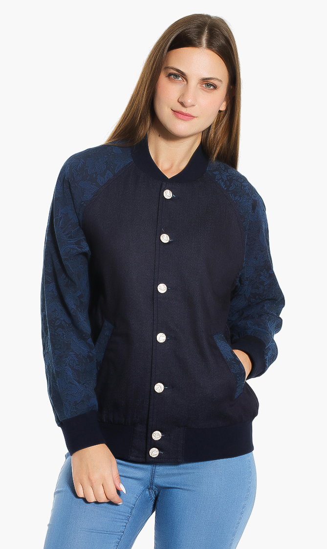 

Jacquard Sleeves Bomber Jacket, Blue