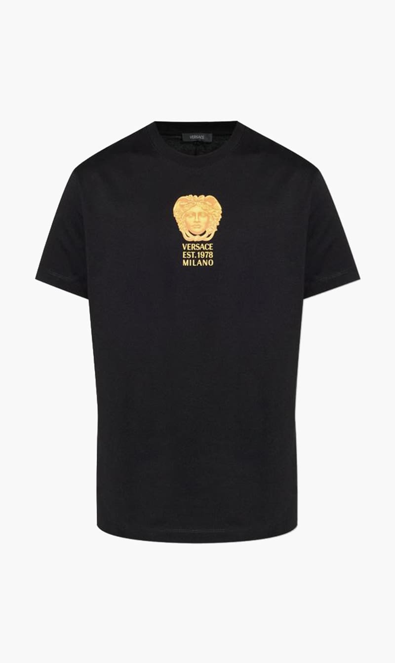 

Versace Black T Shirt Compact Cotton Jersey Fabric Hall Of Statues Medusa Print for Men | The Deal Outlet