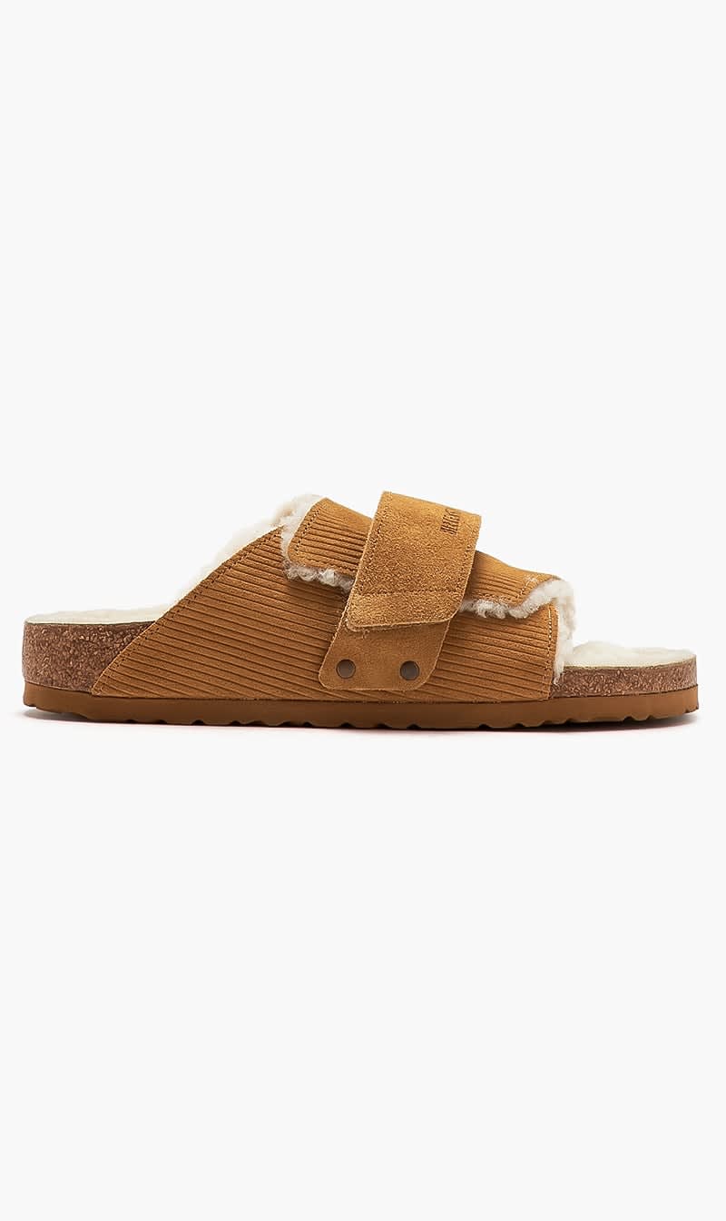 

Birkenstock Brown Kyoto Narrow Width Shearling Sandals for Women | The Deal Outlet
