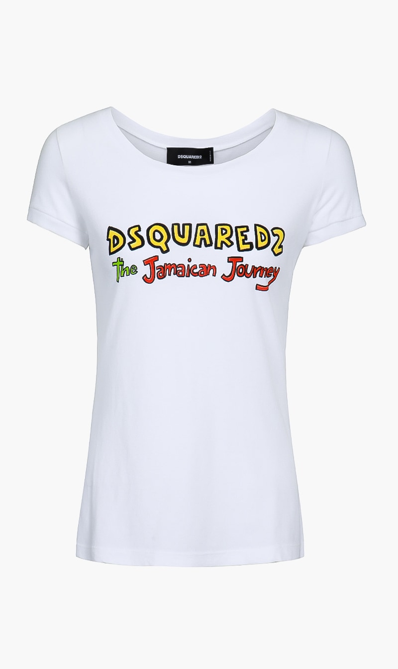 

Dsquared2 White Jamaican Journey Crew Neck Tee for Women | The Deal Outlet
